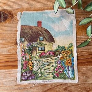 Vintage Embroidered Cottage Scene Art